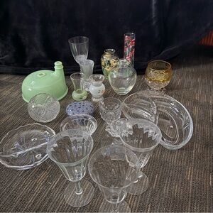 Vintage glassware, dishes, vases, goblet, trinket box